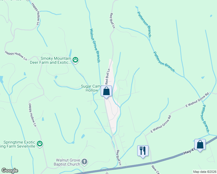map of restaurants, bars, coffee shops, grocery stores, and more near 306 Red Bud Lane in Sevierville