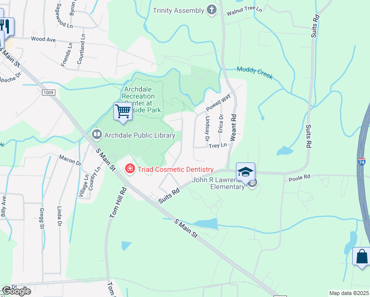map of restaurants, bars, coffee shops, grocery stores, and more near 308 Belgian Drive in Archdale