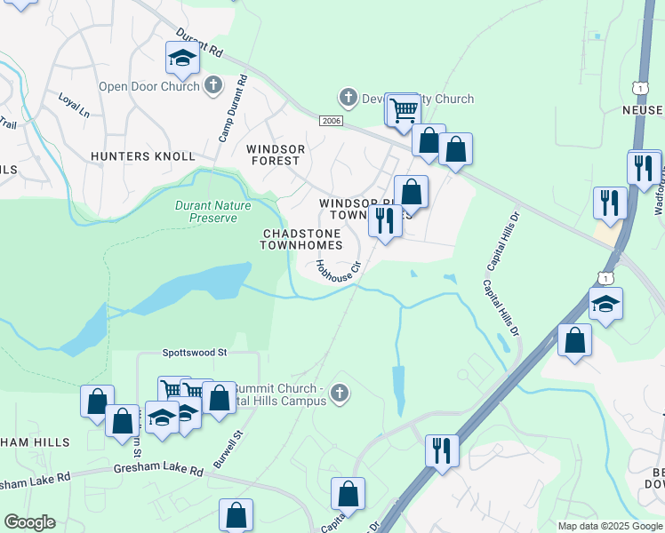 map of restaurants, bars, coffee shops, grocery stores, and more near 9221 Pennythorne Court in Raleigh