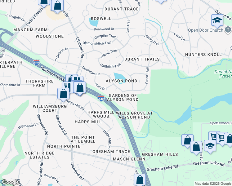 map of restaurants, bars, coffee shops, grocery stores, and more near 2512 Sugar Maple Court in Raleigh
