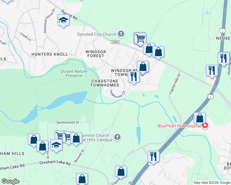 map of restaurants, bars, coffee shops, grocery stores, and more near 9221 Pennythorne Court in Raleigh
