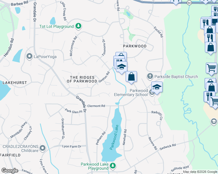 map of restaurants, bars, coffee shops, grocery stores, and more near 215 Wenonah Way in Durham