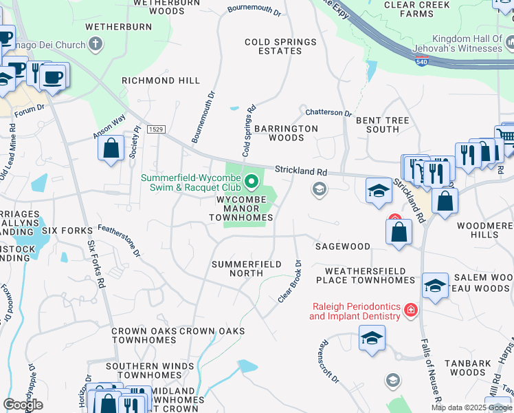 map of restaurants, bars, coffee shops, grocery stores, and more near 110 Skylark Way in Raleigh