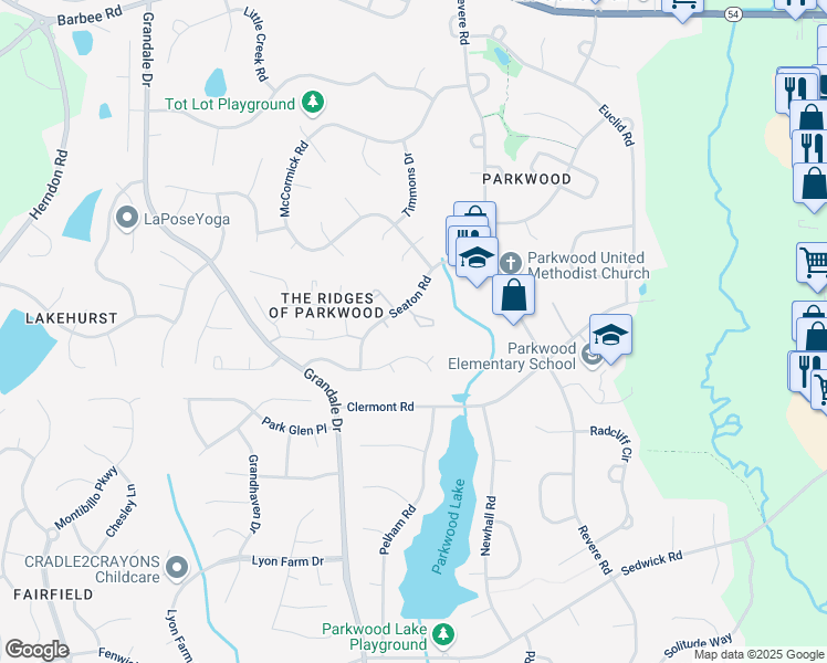 map of restaurants, bars, coffee shops, grocery stores, and more near 1304 Seaton Road in Durham