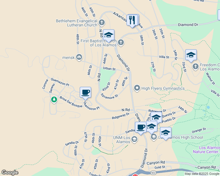 map of restaurants, bars, coffee shops, grocery stores, and more near 1919 41st Street in Los Alamos