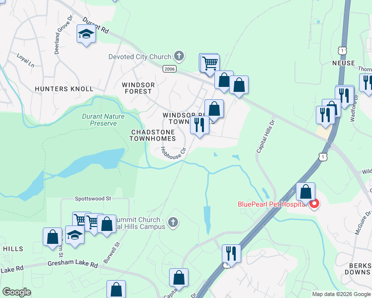 map of restaurants, bars, coffee shops, grocery stores, and more near 8405 Hobhouse Circle in Raleigh