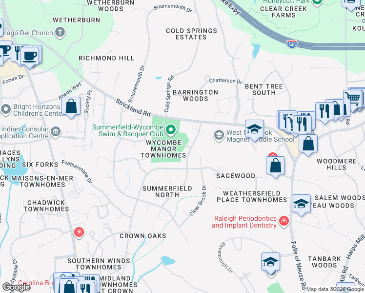 map of restaurants, bars, coffee shops, grocery stores, and more near 8328 Wycombe Lane in Raleigh