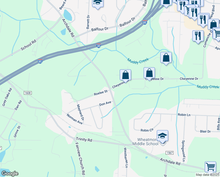 map of restaurants, bars, coffee shops, grocery stores, and more near 4700 Archdale Road in Trinity
