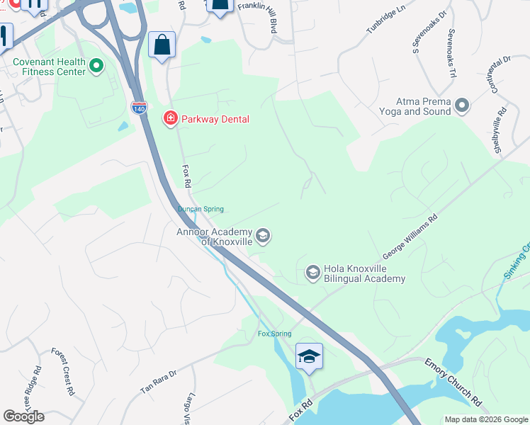 map of restaurants, bars, coffee shops, grocery stores, and more near 710 Foxvue Road Southwest in Knoxville