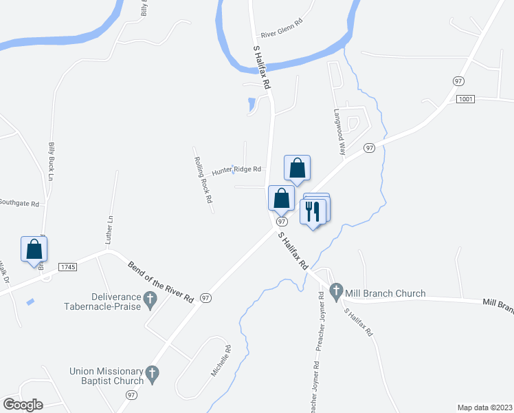 map of restaurants, bars, coffee shops, grocery stores, and more near 5260 South Halifax Road in Rocky Mount