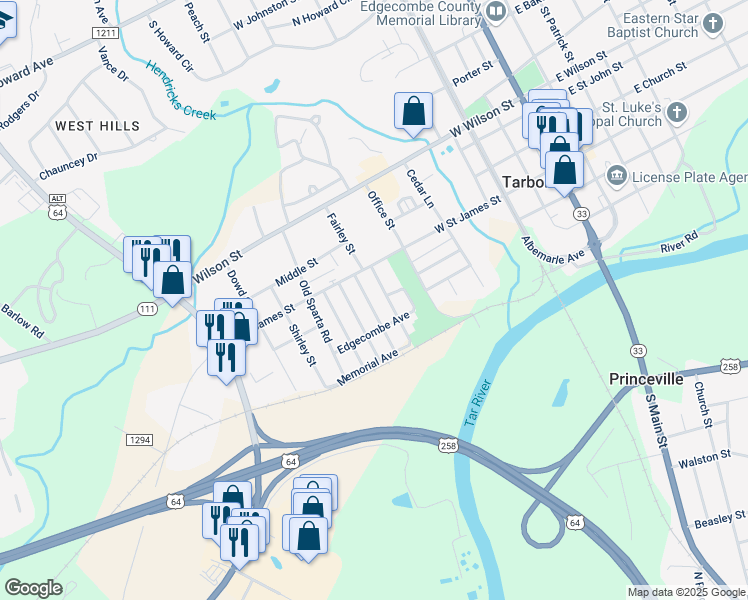 map of restaurants, bars, coffee shops, grocery stores, and more near 307 Virginia Avenue in Tarboro