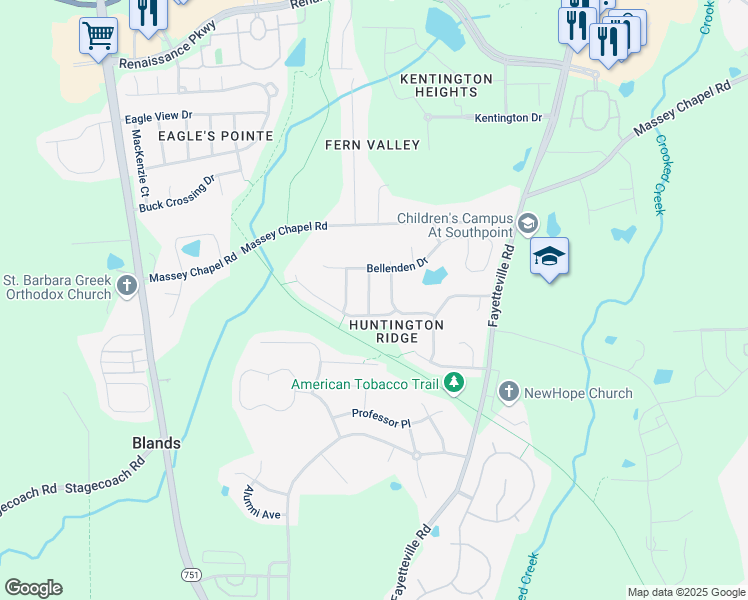 map of restaurants, bars, coffee shops, grocery stores, and more near 521 Hunting Chase in Durham