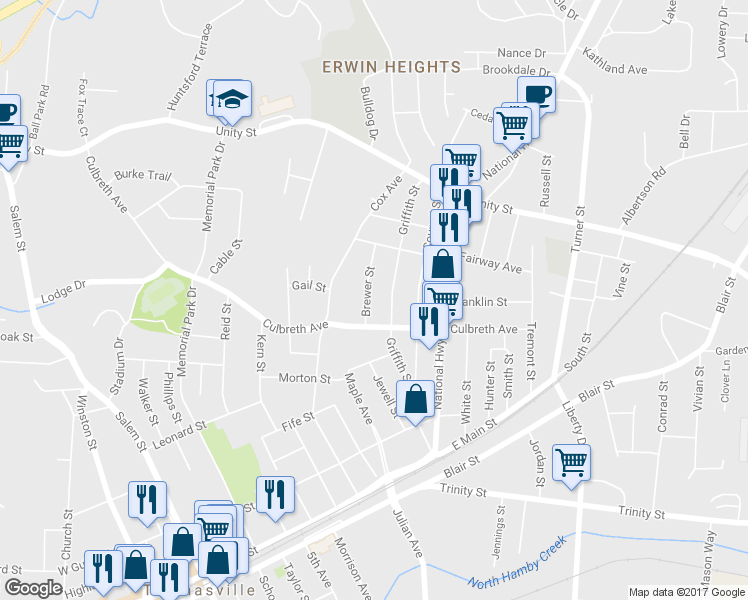 map of restaurants, bars, coffee shops, grocery stores, and more near 317 Brewer Street in Thomasville