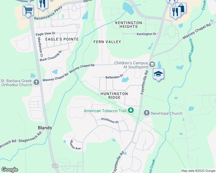 map of restaurants, bars, coffee shops, grocery stores, and more near 521 Hunting Chase in Durham