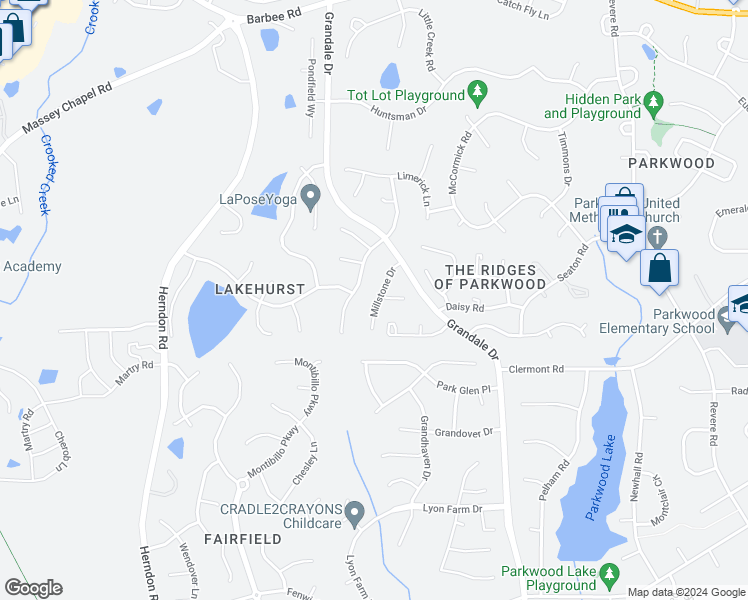 map of restaurants, bars, coffee shops, grocery stores, and more near 6000 Millstone Drive in Durham