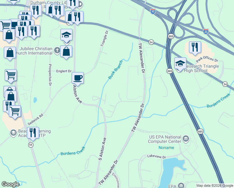 map of restaurants, bars, coffee shops, grocery stores, and more near 3202 Stones Throw Lane in Durham