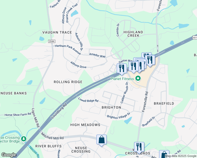 map of restaurants, bars, coffee shops, grocery stores, and more near 8331 Hollister Hills Drive in Raleigh