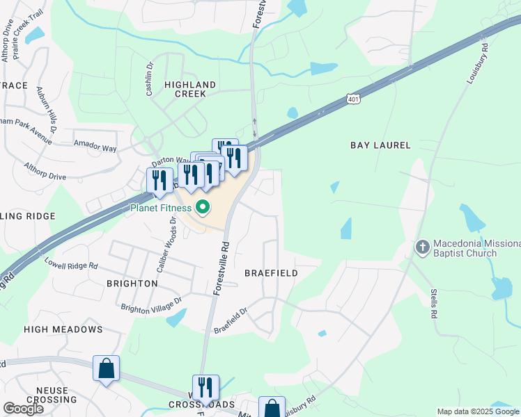 map of restaurants, bars, coffee shops, grocery stores, and more near 7809 Oak Marsh Drive in Raleigh