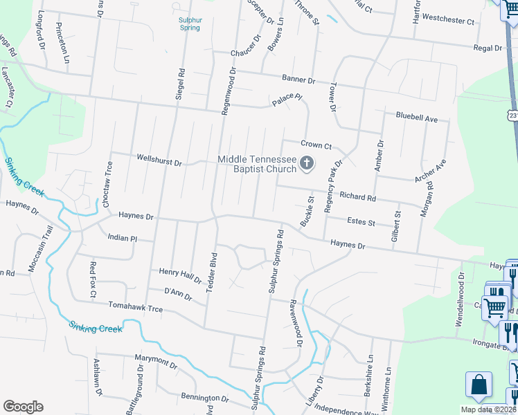 map of restaurants, bars, coffee shops, grocery stores, and more near 2638 James Edmon Court in Murfreesboro