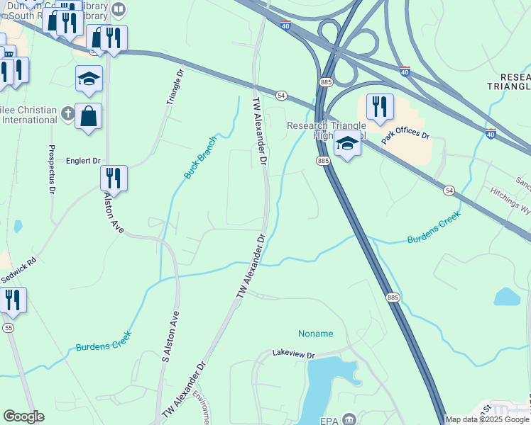 map of restaurants, bars, coffee shops, grocery stores, and more near 109 TW Alexander Drive in Durham County
