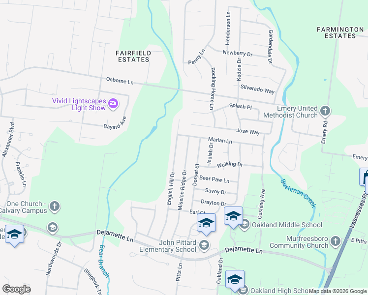 map of restaurants, bars, coffee shops, grocery stores, and more near 2642 Mission Ridge Drive in Murfreesboro