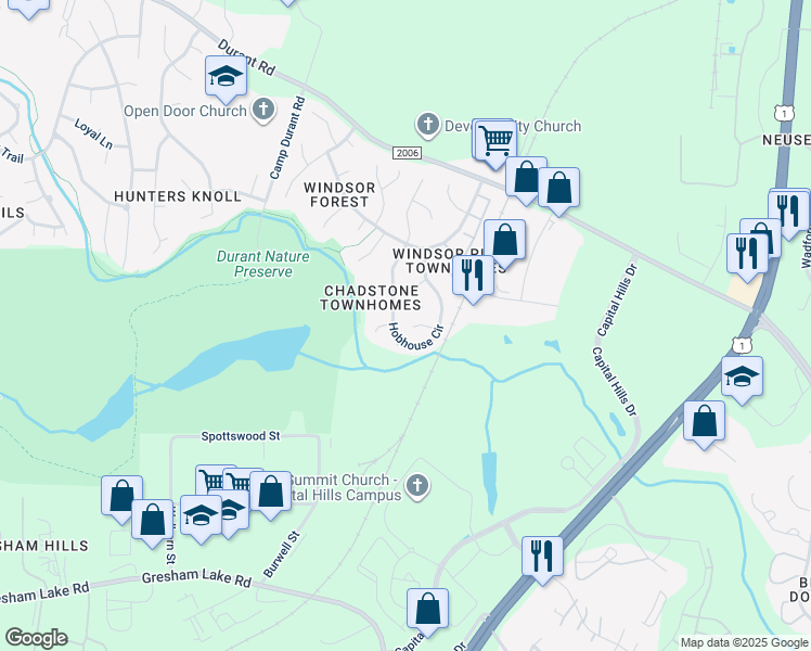 map of restaurants, bars, coffee shops, grocery stores, and more near 9220 Pennythorne Court in Raleigh