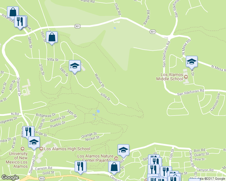 map of restaurants, bars, coffee shops, grocery stores, and more near 2896 Walnut Street in Los Alamos