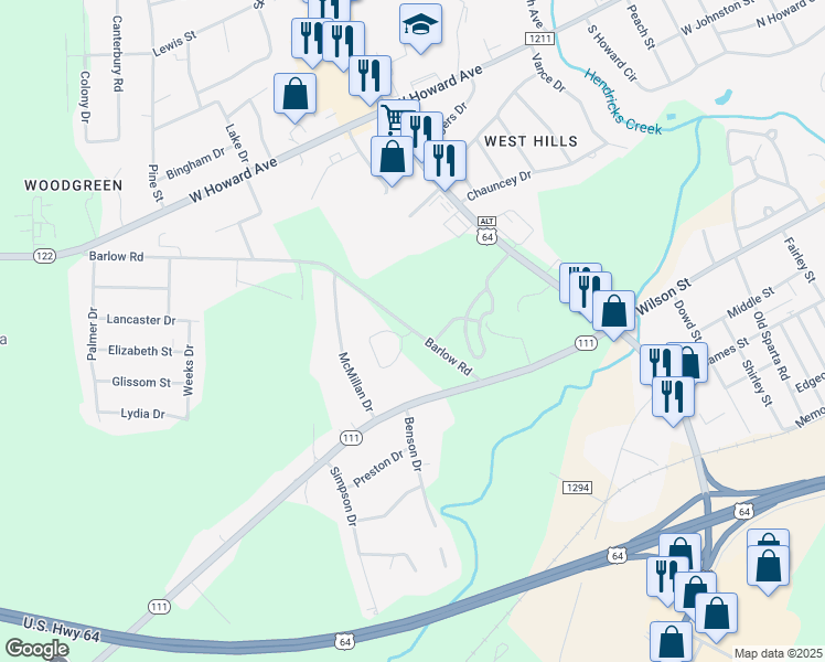 map of restaurants, bars, coffee shops, grocery stores, and more near 1609 Barlow Road in Tarboro