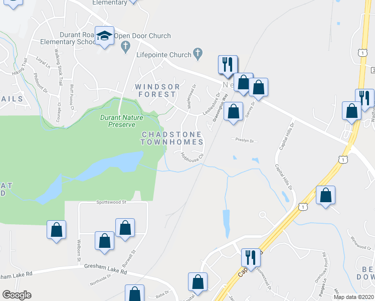 map of restaurants, bars, coffee shops, grocery stores, and more near 9212 Sayornis Court in Raleigh