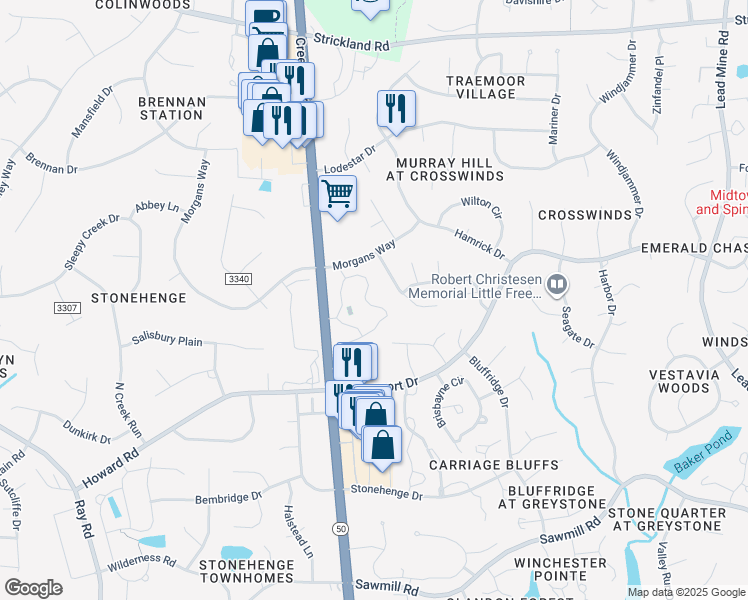 map of restaurants, bars, coffee shops, grocery stores, and more near 7739 Falcon Rest Circle in Raleigh