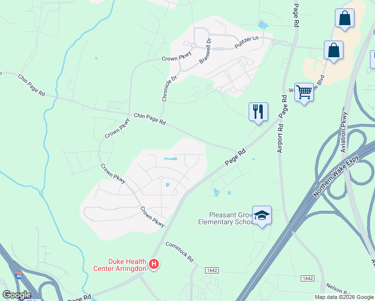 map of restaurants, bars, coffee shops, grocery stores, and more near 5608 Chin Page Road in Durham