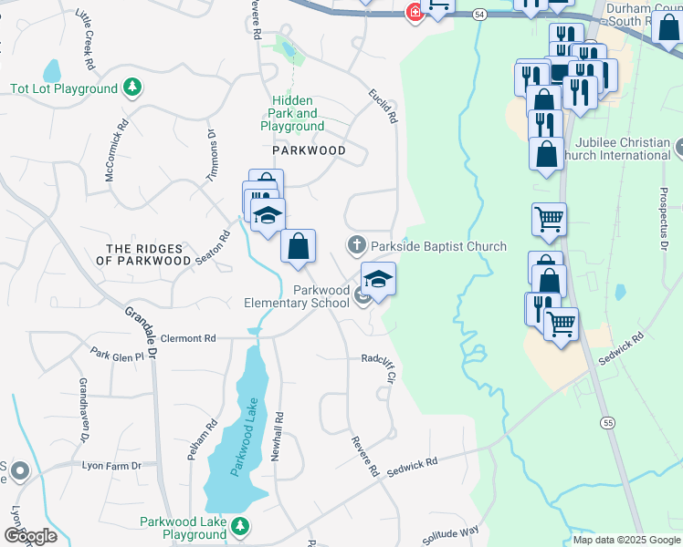map of restaurants, bars, coffee shops, grocery stores, and more near 1509 Clermont Road in Durham