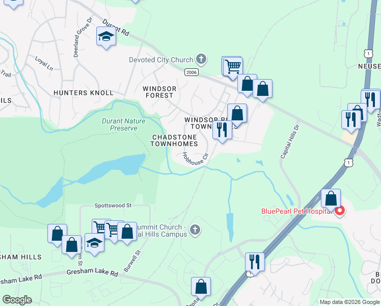 map of restaurants, bars, coffee shops, grocery stores, and more near 9212 Sayornis Court in Raleigh