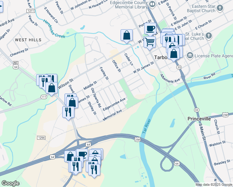 map of restaurants, bars, coffee shops, grocery stores, and more near 308 Maryland Avenue in Tarboro
