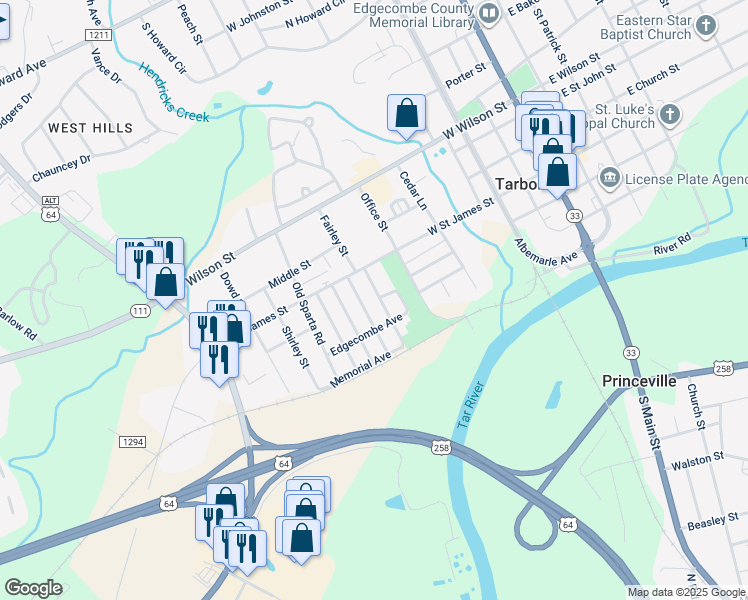 map of restaurants, bars, coffee shops, grocery stores, and more near 308 Maryland Avenue in Tarboro