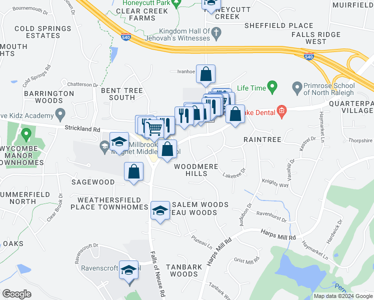 map of restaurants, bars, coffee shops, grocery stores, and more near 7711 Fiesta Way in Raleigh
