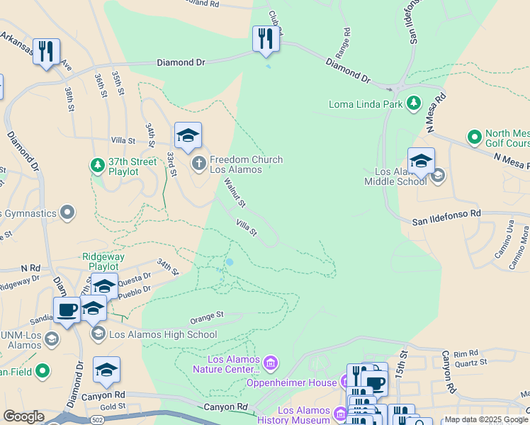 map of restaurants, bars, coffee shops, grocery stores, and more near 2896 Walnut Street in Los Alamos