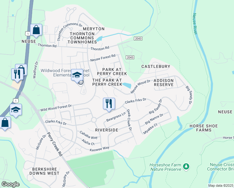 map of restaurants, bars, coffee shops, grocery stores, and more near 8316 Neuse Lawn Road in Raleigh
