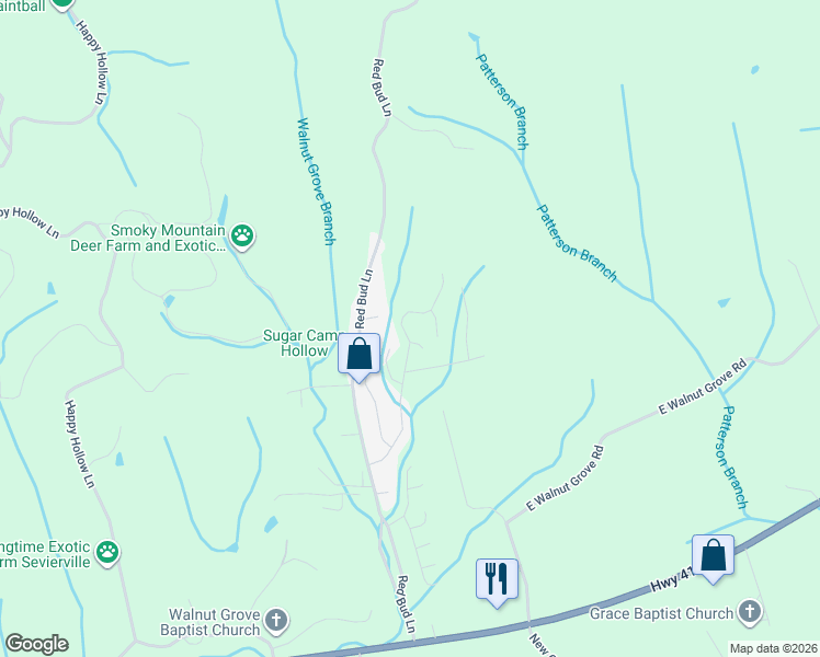 map of restaurants, bars, coffee shops, grocery stores, and more near 2431 Scenic Mountain Drive in Sevierville