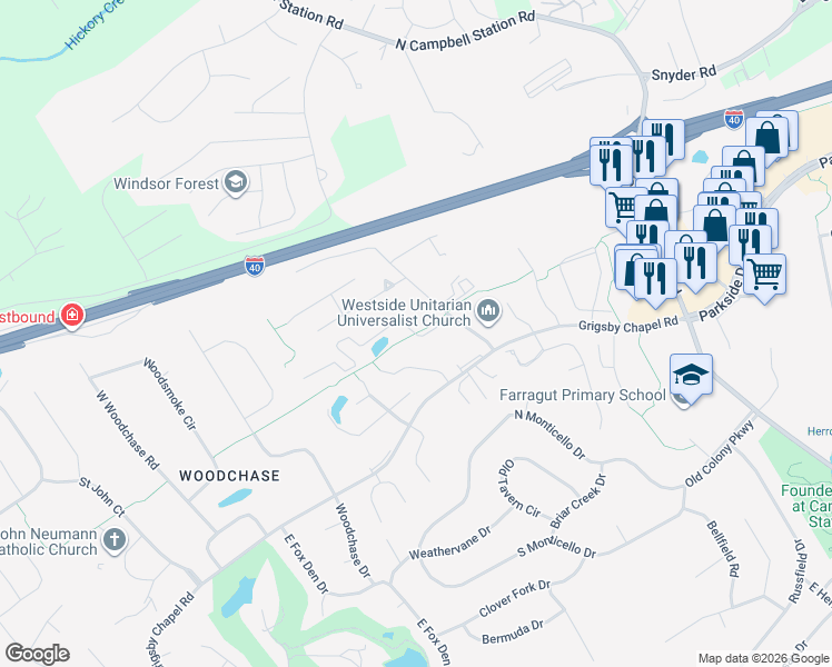 map of restaurants, bars, coffee shops, grocery stores, and more near 9219 Lanesborough Way in Farragut