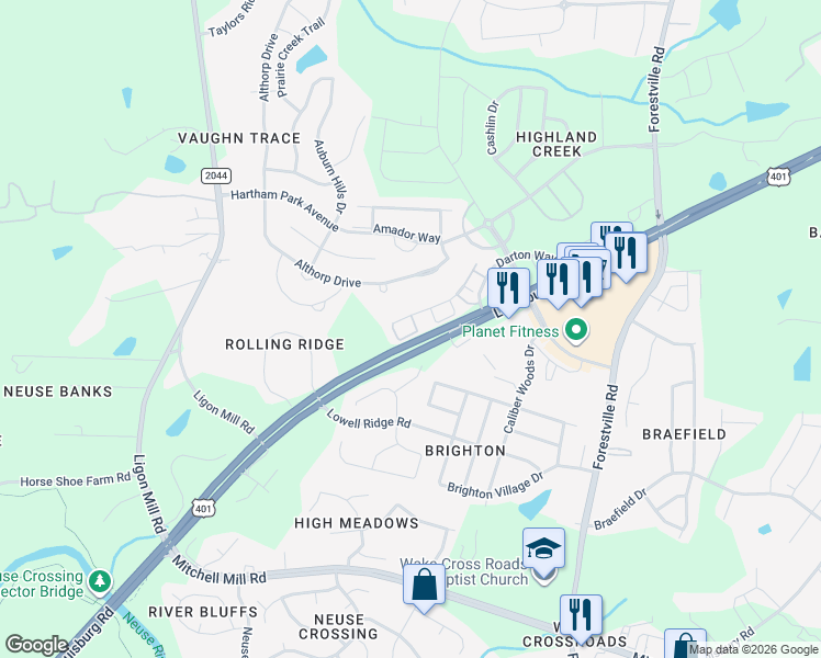 map of restaurants, bars, coffee shops, grocery stores, and more near 8331 Hollister Hills Drive in Raleigh