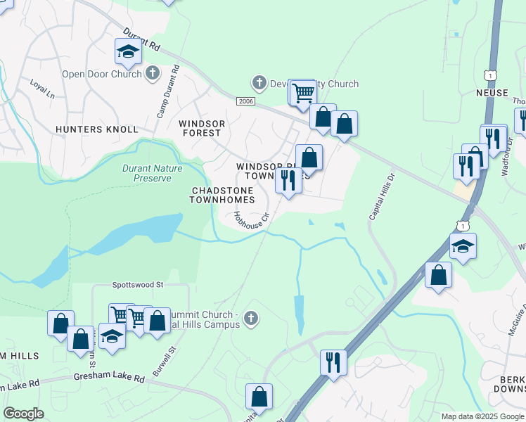 map of restaurants, bars, coffee shops, grocery stores, and more near 9212 Sayornis Court in Raleigh
