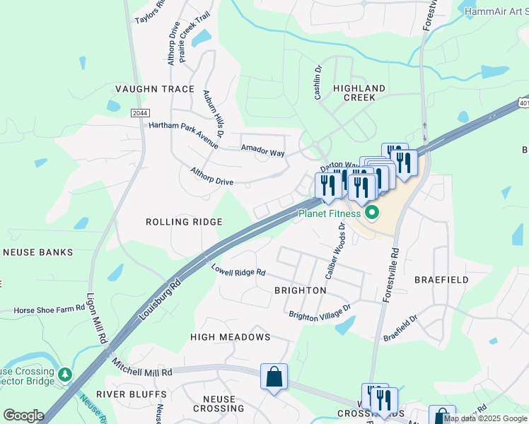 map of restaurants, bars, coffee shops, grocery stores, and more near 8331 Hollister Hills Drive in Raleigh