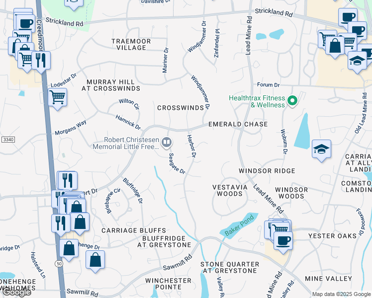 map of restaurants, bars, coffee shops, grocery stores, and more near 1205 Inlet Place in Raleigh