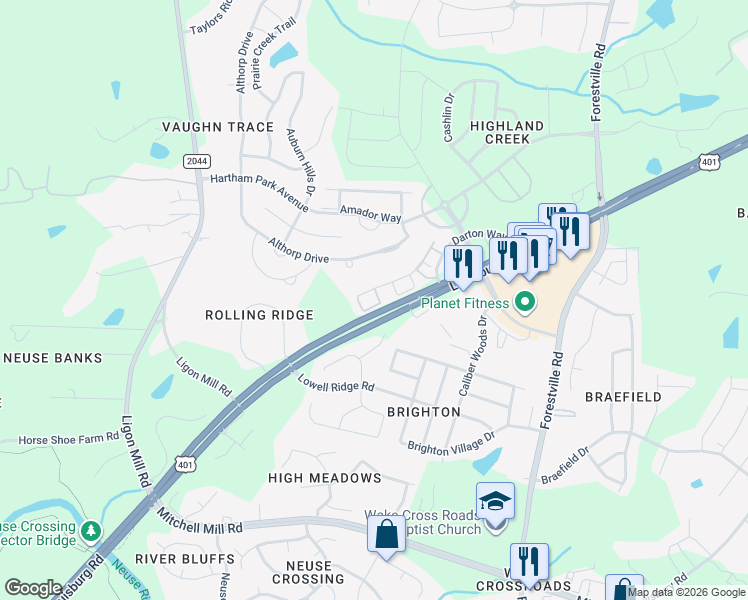 map of restaurants, bars, coffee shops, grocery stores, and more near 8331 Hollister Hills Drive in Raleigh