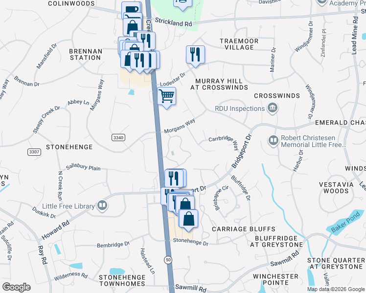 map of restaurants, bars, coffee shops, grocery stores, and more near 7739 Falcon Rest Circle in Raleigh