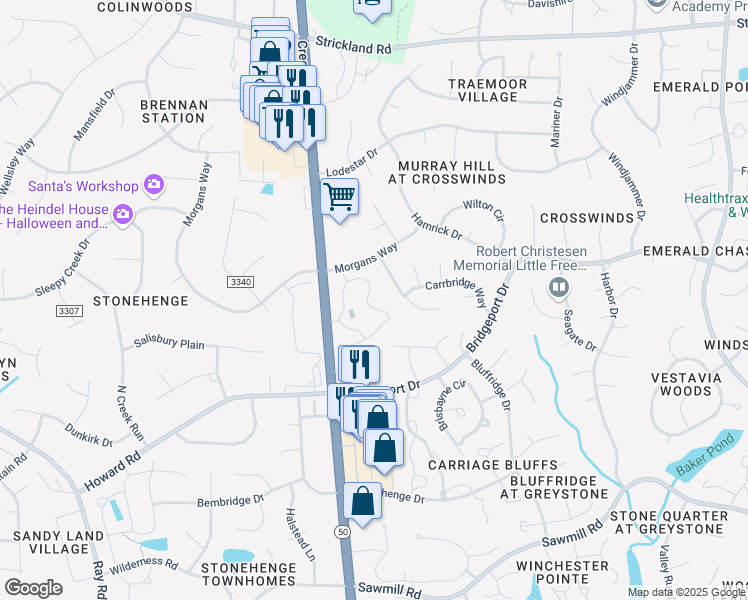 map of restaurants, bars, coffee shops, grocery stores, and more near 7761 Falcon Rest Circle in Raleigh