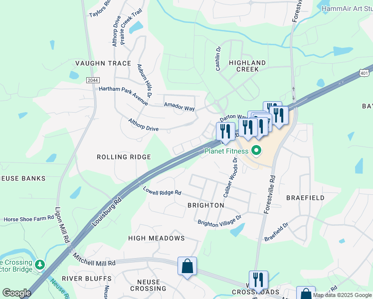 map of restaurants, bars, coffee shops, grocery stores, and more near 8331 Hollister Hills Drive in Raleigh