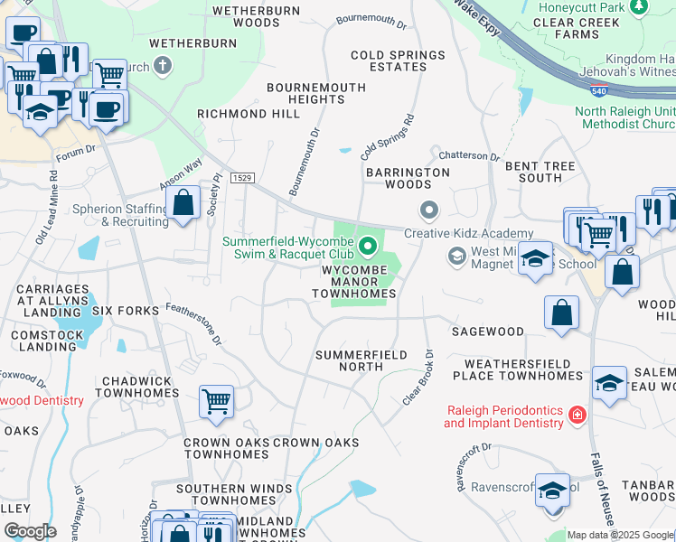 map of restaurants, bars, coffee shops, grocery stores, and more near 8407 Wycombe Lane in Raleigh