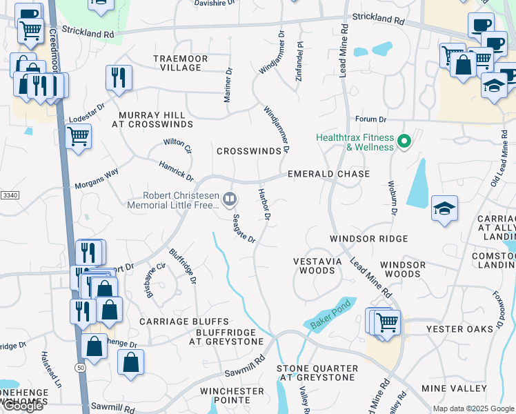 map of restaurants, bars, coffee shops, grocery stores, and more near 1205 Inlet Place in Raleigh